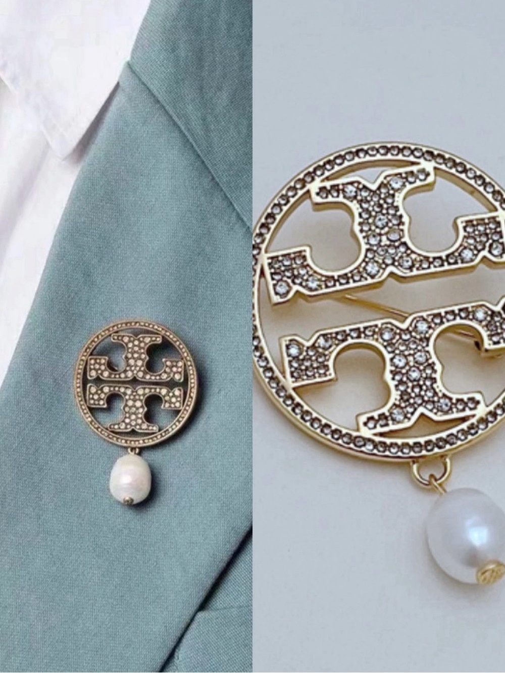Tory Burch Gold-Tone Crystal Logo Brooch with Pearl Drop